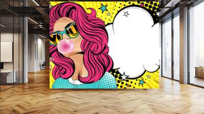 You. Gesture of the female hand. Sunglasses,  where the word `you` is reflected. Sexy surprised girl with red and curly hair. Open mouth with pink chewing gum. Vector colorful background illustration  Wall mural